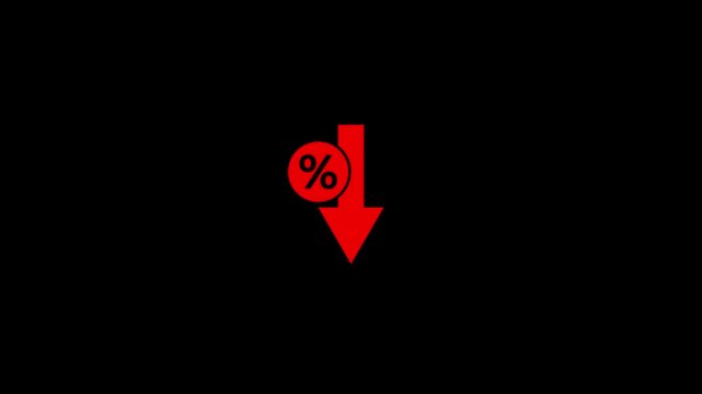 Percent sign with downward arrow icons on black background flat vector illustration percentage