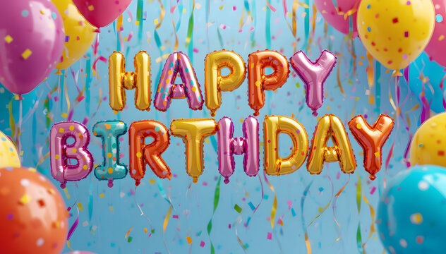 Happy Birthday Text Made of Colorful Balloons with Confetti and Party Background