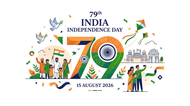 79th India Independence Day celebration illustration with tricolor number 79, national landmarks, kites, and diverse people celebrating 15 August 2026