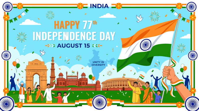 Happy 77th Indian Independence Day August 15th Celebrations with National Flag and Landmarks