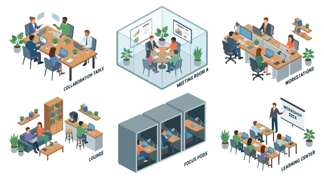 Collection of isometric illustrations depicting diverse office spaces, including meeting rooms, focus pods, a lounge, and a learning center