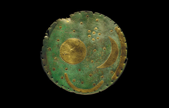 Nebra sky disc isolated on black background, 3D render