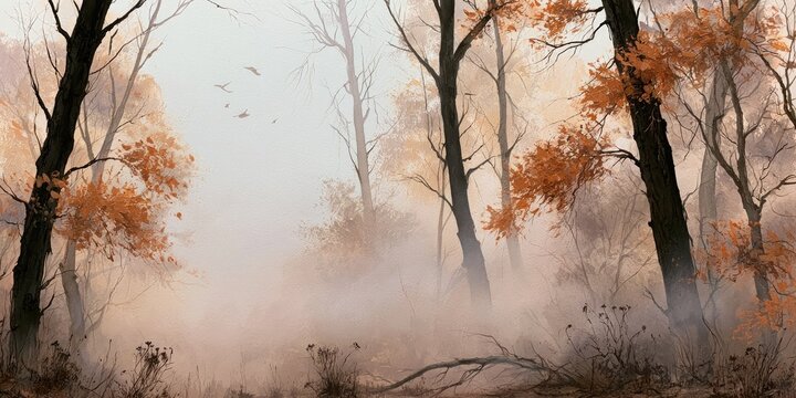 Misty autumn woods with sparse orange foliage and a few distant birds