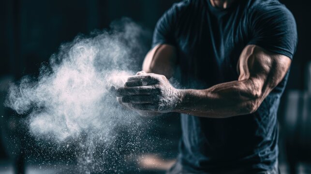 Muscular person applying chalk to hands in dim gym setting