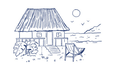 Obraz premium Hut By Beach With Chair Line Art