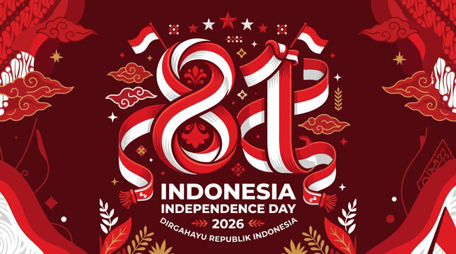 81st Indonesia Independence Day celebration banner with red and white ribbon typography and traditional batik background elements
