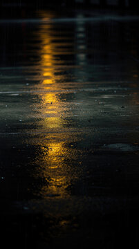 Dark Wet Road with Golden Light Reflections, Rainy Urban Background