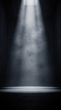 Dramatic Spotlight on Empty Dark Stage with Smoke and Textured Floor Background