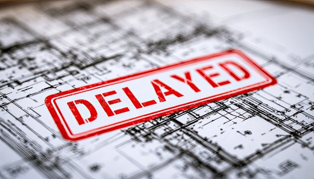 Red "DELAYED" stamp on blurred technical blueprints