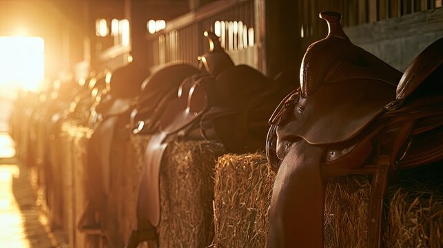 Row of western saddles on hay bales in warm, sunlit stable
