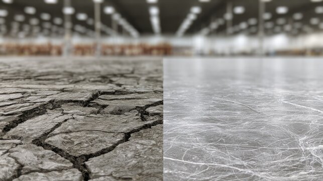 Cracked arid ground split from smooth, pristine ice
