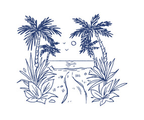 Obraz premium Palm Tree Beach Path Line Art
