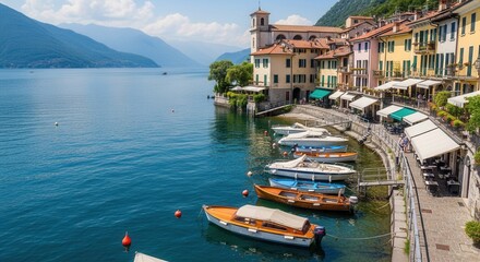 Fototapeta premium Picturesque Italian Lakeside Village with Boats and Mountains.