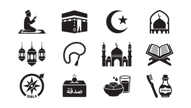 Islamic Religious Icons Set. Prayer, Kaaba, Crescent, Mosque, Lanterns, Rosary, Quran, Qibla, Charity, Dates, Toothbrush.
