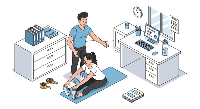 Fitness trainer assisting woman with stretching exercise at home office.