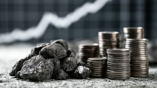 Pile of coal next to stacks of coins with upward trending graph