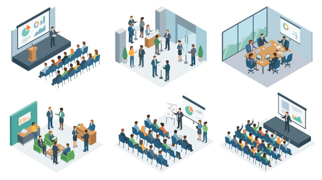 Isometric business conference and corporate seminar set featuring professional networking, boardroom meetings, and educational workshops in office environments