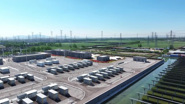 Large-scale energy storage power station facility array with transmission lines under clear sky
