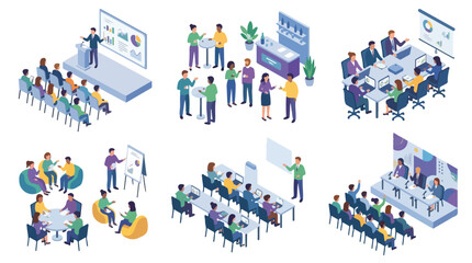 Fototapeta premium Isometric Business Meeting and Corporate Seminar Training Session Illustrations Set Featuring Professional Workplace Collaboration