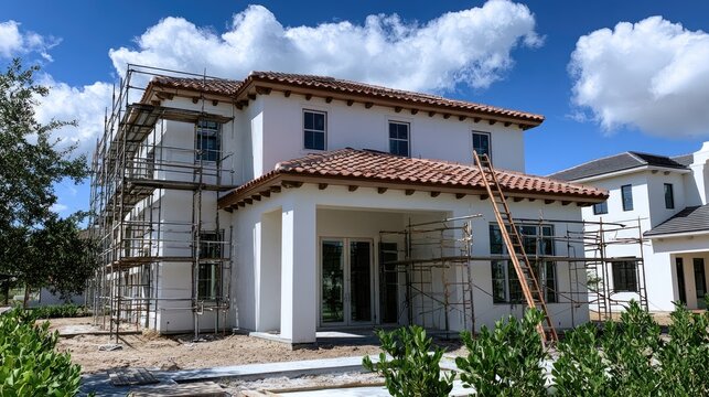 Modern home under construction, scaffolding surrounds, tiled roof