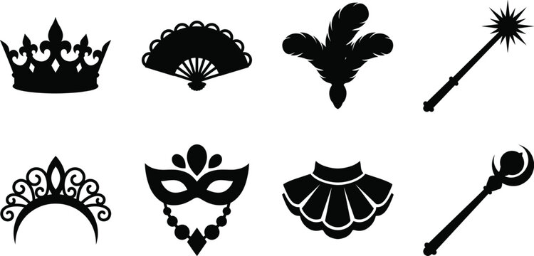 Carnival masquerade and royal theme vector silhouettes set featuring crown mask scepter isolated on white background