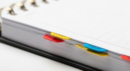 Fototapeta premium Close-up view of a black bound planner with brightly colored divider tabs marking different sections and pages.