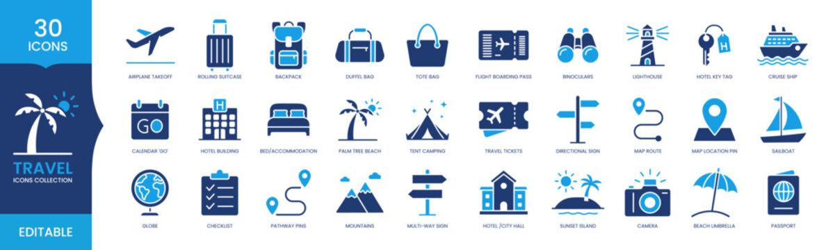 Travel Tourism Vacation Line Icons Set, Airplane Passport Hotel Luggage Flight Ticket Map Location Editable Stroke Vector Collection