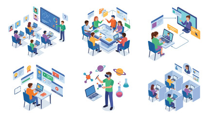 Fototapeta premium Isometric Vector Illustrations of Modern Digital Education, Remote Work, and Online Learning Concepts