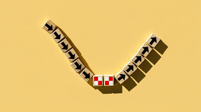 Wooden blocks form a V-shape, with arrows pointing inward, except for two unique blocks