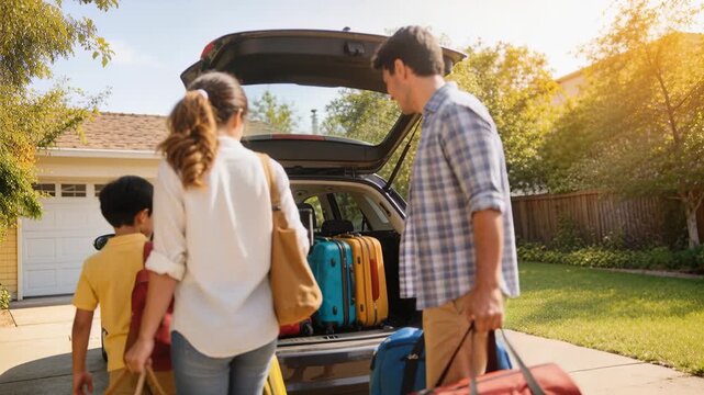 Walking son in yellow polo leading parents toward open hatch on driveway, placing suitcase for trip