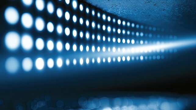Rows of glowing blue lights receding into a luminous, futuristic tunnel