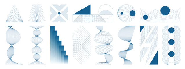 Naklejka premium Abstract geometric line art vector set. Minimal optical illusion shapes with circular patterns, moire lines and modern design elements.