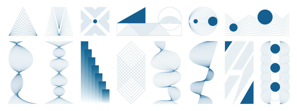 Abstract geometric line art vector set. Minimal optical illusion shapes with circular patterns, moire lines and modern design elements.