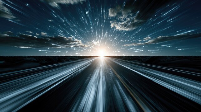 A surreal highway stretches toward a bright sun, blurring into streaking lights
