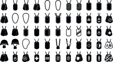 Military Dog Tag Silhouette Vector Icon Set Featuring Army Identification Tags, Ball Chains, Military Rank Insignia, Combat Helmets, and Tactical Service Emblem DesignsMilitary Dog Tag Silhouette Vect © Shameem