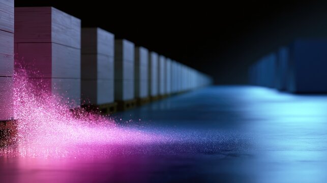 Rows of white boxes lit with glowing pink dust and blue reflections