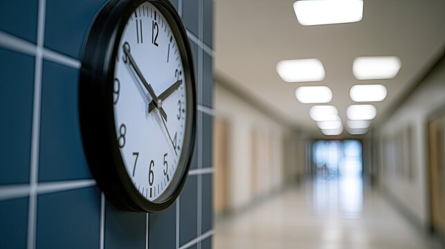 A close-up of a wall clock in a school hallway