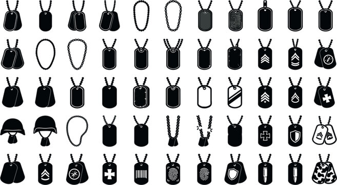 Military Dog Tag Silhouette Vector Icon Set Featuring Army Identification Tags, Ball Chains, Military Rank Insignia, Combat Helmets, and Tactical Service Emblem DesignsMilitary Dog Tag Silhouette Vect