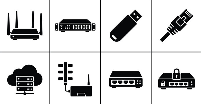 Computer networking and internet hardware black silhouette icon set featuring wi-fi router ethernet switch flash drive and rj45 cable