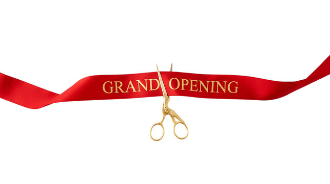 Golden Scissors Cutting Red Ribbon Isolated Transparent