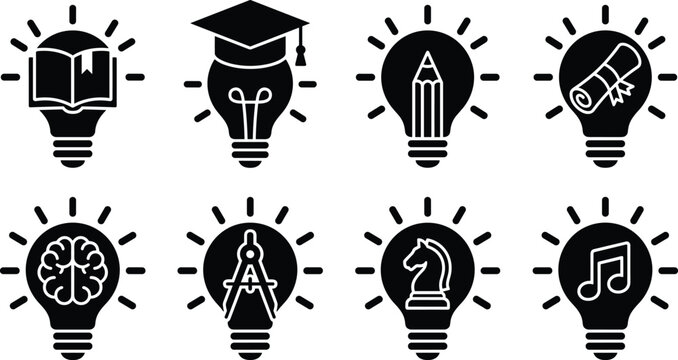 Creative learning and intelligence light bulb concept black silhouette icon set featuring graduation cap open book brain and strategy chess knight