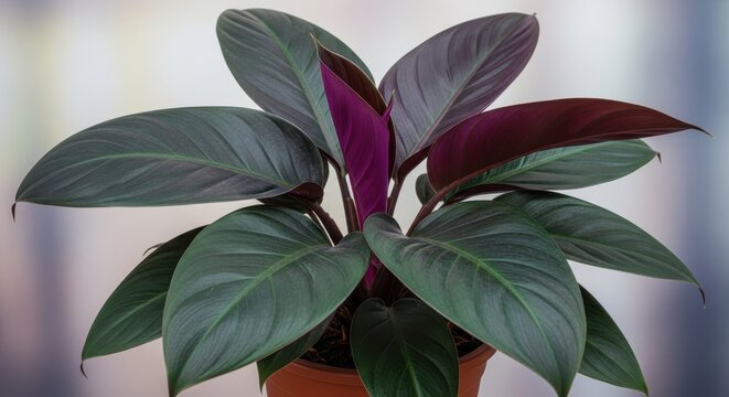 Philodendron Plant with Dark Green Leaves and Purple Accents.