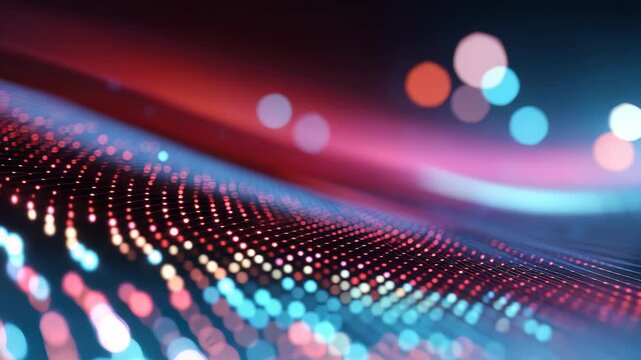 Abstract digital wave with luminous dots and colorful bokeh lights evokes a sense of advanced technology and creativity. This vibrant background is ideal for innovation, tech, and digital concepts
