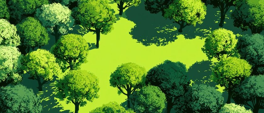 A bright, stylized forest clearing viewed from above