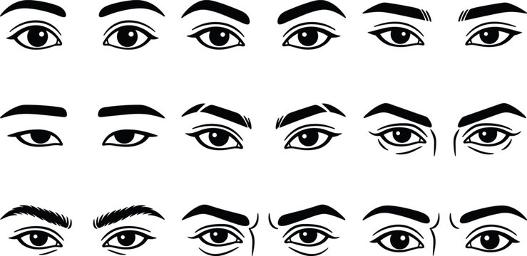 Vector black and white linear illustration set featuring various human eyes shapes facial expressions eyebrows styles and character look design elements