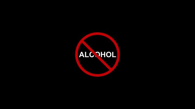 alcohol prohibition sign animation.4K motion animation , black background .Caution warning symbol, alert, error sign