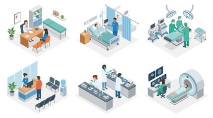 Fototapeta premium Isometric vector collection showcasing the modern healthcare journey, including patient consultations, hospital care, surgical operations, advanced diagnostics, and essential laboratory services