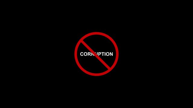 corruption prohibition sign animation.4K motion animation , black background .Caution warning symbol, alert, error sign