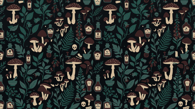 Dark botanical seamless pattern with poisonous mushrooms and apothecary bottles.