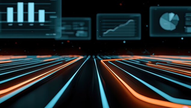 Futuristic glowing data streams and charts on dark background